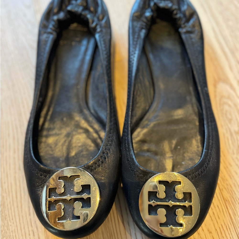 Tory Burch Black Leather Flats with Gold Logo